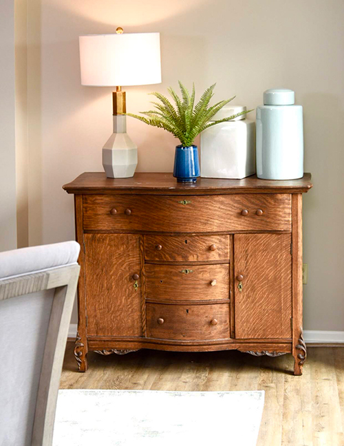 Modern Accessories on Antique Sideboard - Details Full Service Interiors