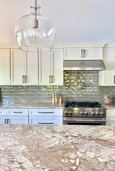 Kitchen Tile Backsplash - Clear Glass Pendant - Interior Design in Massachusetts