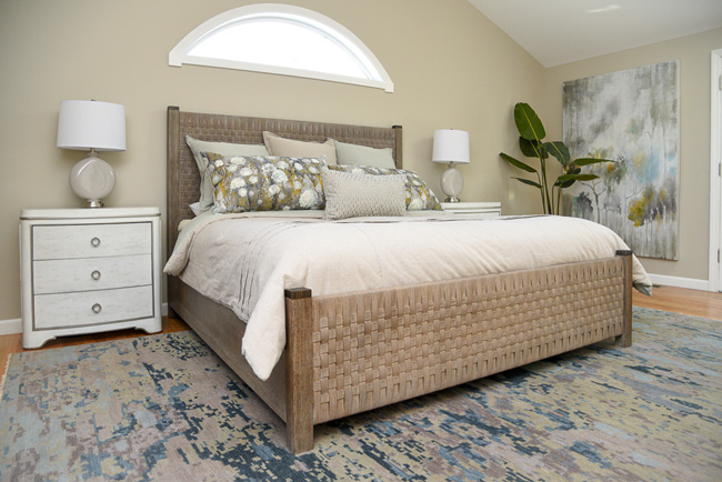 Woven bed - Wool rug - How to get the look of this peaceful master bedroom - Monson Mass Interior Design - Details Interiors