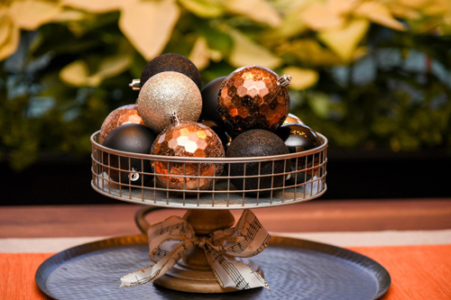 Use Ornaments on a Tray or Coffee Table for Holiday Decorating in Mass